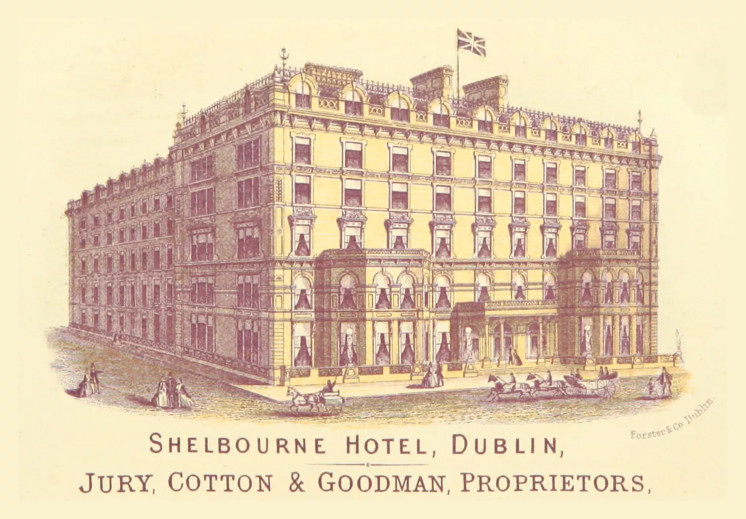 El Shelbourne Hotel de Dublín en una postal de 1871