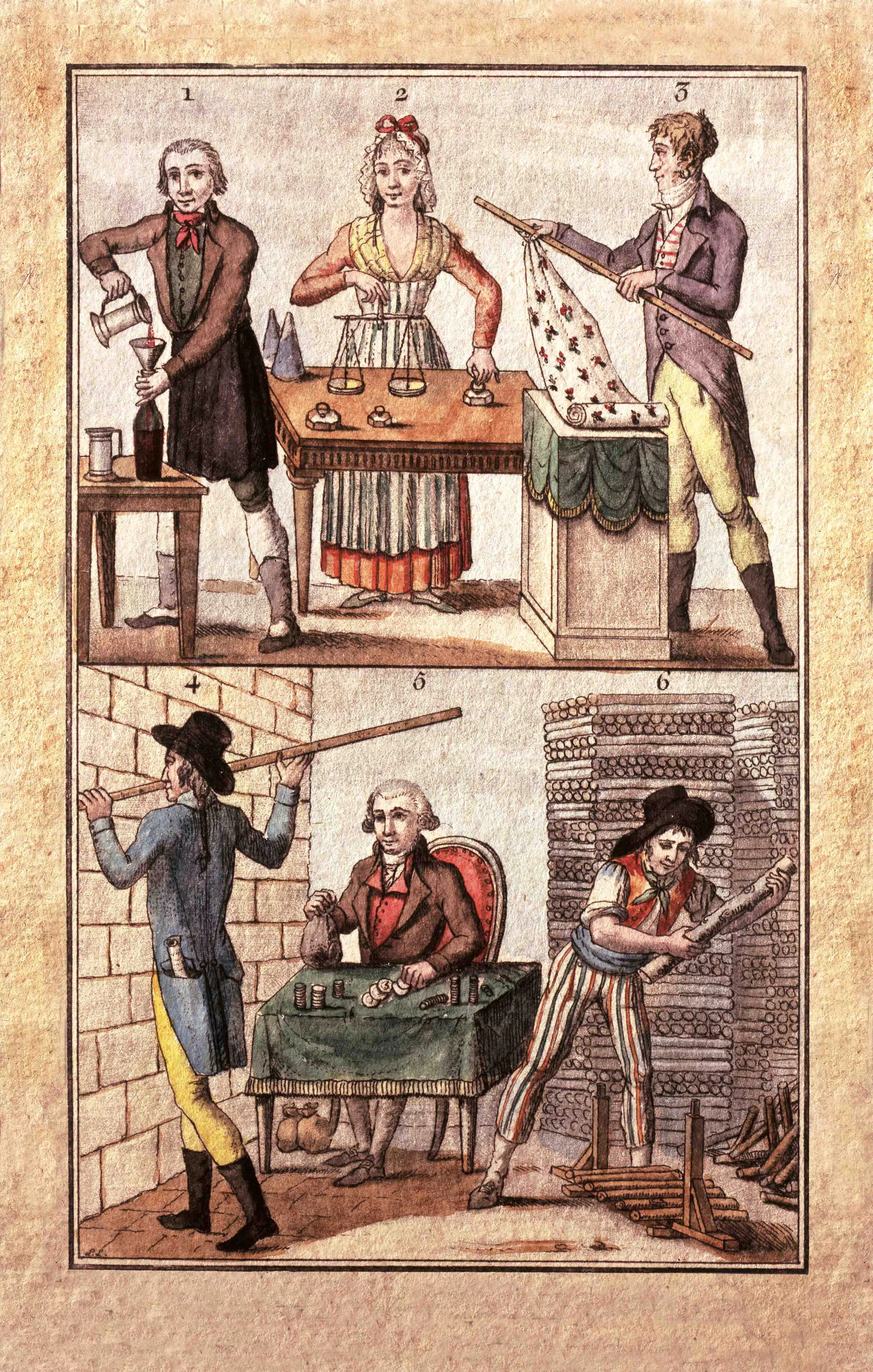 Un gravat que mostra les noves mesures del sistema mètric: el litre, el gram, el metre...