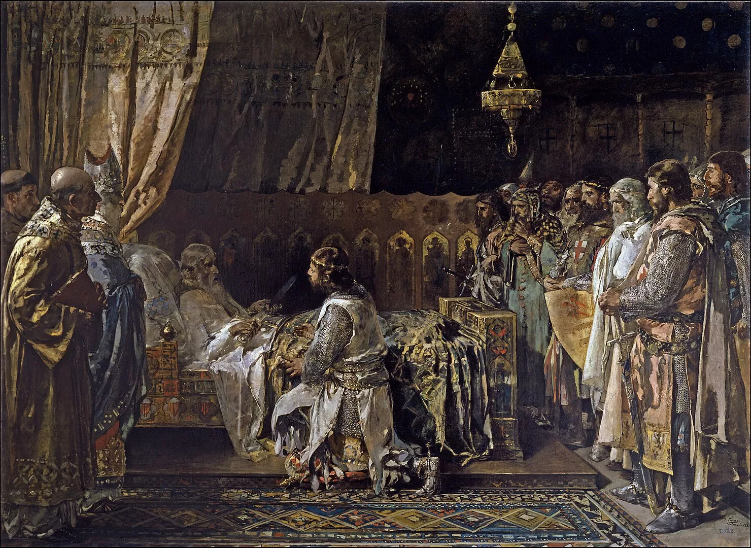 Jaume I al llit de mort, en una pintura d'Ignasi Pinazo. La decisió del rei de repartir la corona entre els dos fills no va agradar al primogènit, Pere el Gran