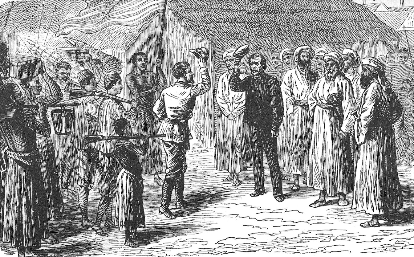 Il·lustració que representa la trobada entre Henry Morton Stanley i el Dr. Livingstone