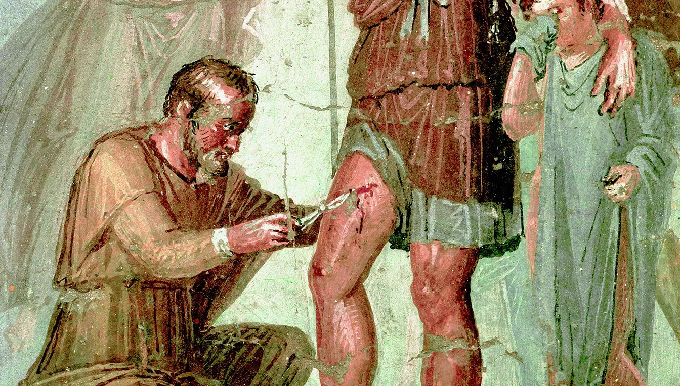 Un metge guareix les ferides d’Enees en un fresc de Pompeia