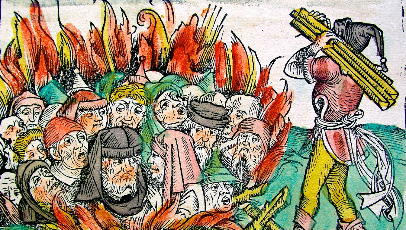 Als conversos sospitosos de mantenir en secret el culte hebraic se’ls cremava vius. A sobre, gravat de Michael Wolgemut al 'Liber Chronicarum' (1493