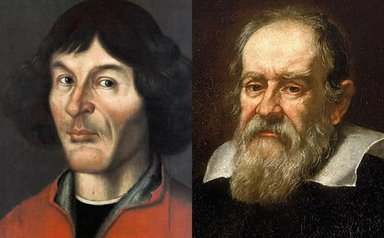 Retrats de Nicolau Copèrnic (a l'esquerra) i Galileo Galilei (a la dreta)