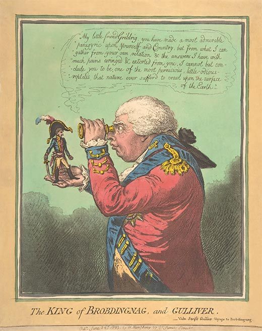Caricatura de Napoleó feta per James Gillray en què el rei Jordi III inspecciona l'emperador francès amb una lupa Caricatura de Napoleó feta per James Gillray en què el rei Jordi III inspecciona l'emperador francès amb una lupa