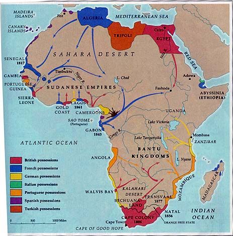 Mapa d'Àfrica del 1850 que mostra l'ocupació de la costa i les àrees d'expansió