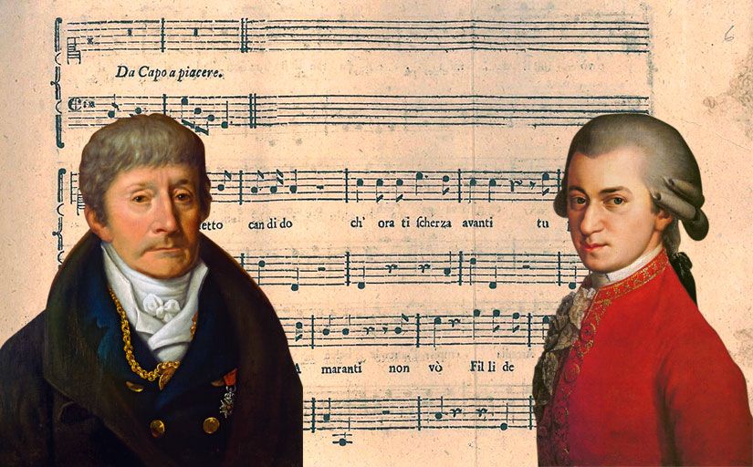 Muntatge de Salieri i Mozart amb la partitura de 'Per la ricuperata salute di Ofelia' al fons Muntatge de Salieri i Mozart amb la partitura de 'Per la ricuperata salute di Ofelia' al fons