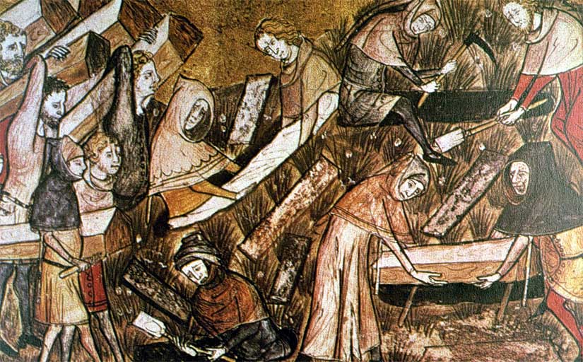 Pintura en què es veuen ciutadans de Tournai enterrant les víctimes de la pesta (miniatura de 'Les cròniques de Gilles Li Muisis') Pintura en què es veuen ciutadans de Tournai enterrant les víctimes de la pesta (miniatura de 'Les cròniques de Gilles Li Muisis')