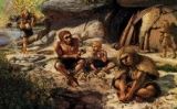 Il·lustració que mostra un grup de neandertals Il·lustració que mostra un grup de neandertals
