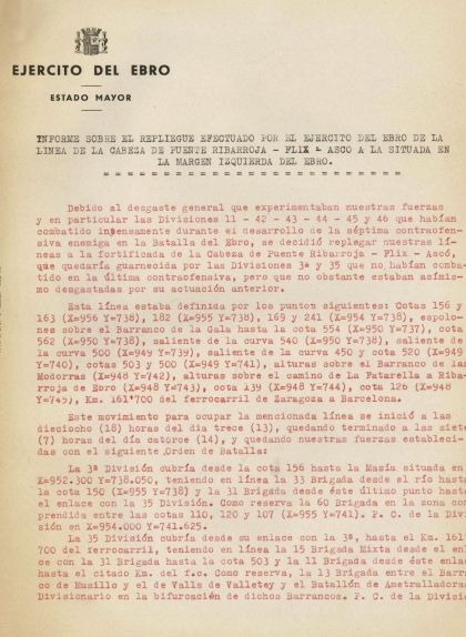 Primera pàgina de l'informe sobre la retirada de la batalla de l'Ebre Primera pàgina de l'informe sobre la retirada de la batalla de l'Ebre