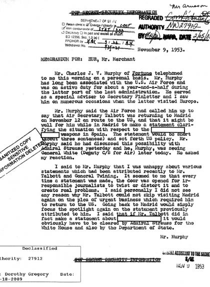 Primera pàgina del memoràndum del 9 de novembre del 1953 sobre el pas d'un alt càrrec de Madrid Primera pàgina del memoràndum del 9 de novembre del 1953 sobre el pas d'un alt càrrec de Madrid