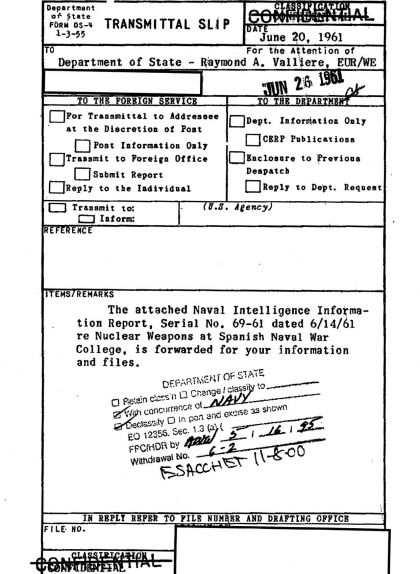 Informe del 1961 de la intel·ligència naval nord-americana sobre les lliçons d'armament atòmic a l'Escola Naval espanyola Informe del 1961 de la intel·ligència naval nord-americana sobre les lliçons d'armament atòmic a l'Escola Naval espanyola