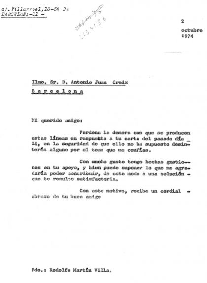 Carta de Rodolfo Martín Villa al comissari Creix Carta de Rodolfo Martín Villa al comissari Creix