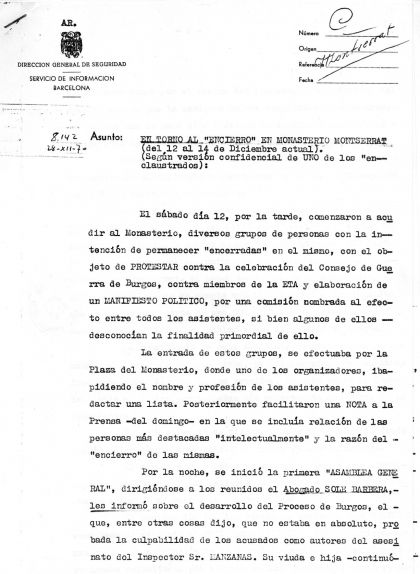 Primera pàgina d'un informe sobre la tancada de Montserrat del 1970
