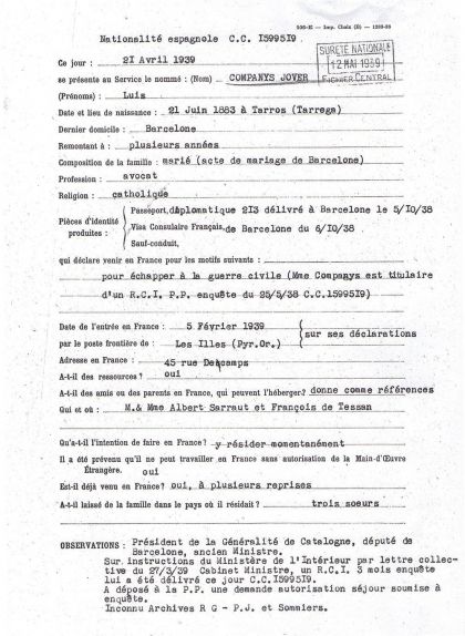 Primera pàgina de l'expedient policial de Lluís Companys Primera pàgina de l'expedient policial de Lluís Companys
