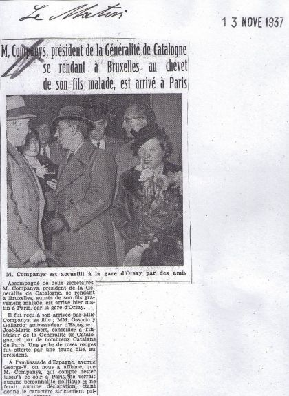 Notícia publicada el 13 de novembre de 1937 a un diari francès anunciant l'arribada de Lluís Companys a París, acompanyat de Carme Ballester Notícia publicada el 13 de novembre de 1937 a un diari francès anunciant l'arribada de Lluís Companys a París, acompanyat de Carme Ballester