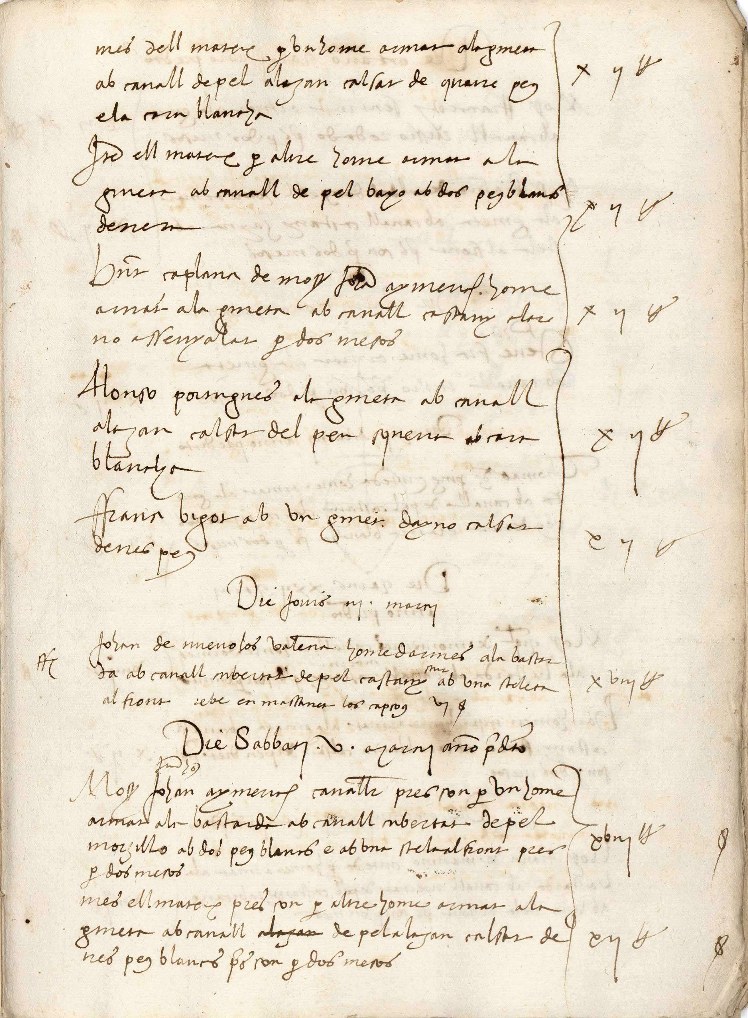Els allistats són tant nobles (cavallers i donzells) com membres del patriciat urbà (ciutadans honrats), i també menestrals de la ciutat (hi ha un carnisser, un barreter, un moler, un tintorer, un mercader i un barber). A vegades un noble o un patrici aporta soldats del seu seguici o família, però ell mateix no s'allista per anar de campanya