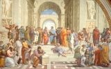 Al llenç de Rafael 'L'escola d'Atenes' Pitàgores apareix al cantó inferior esquerre, amb un llibre a les mans Al llenç de Rafael 'L'escola d'Atenes' Pitàgores apareix al cantó inferior esquerre, amb un llibre a les mans