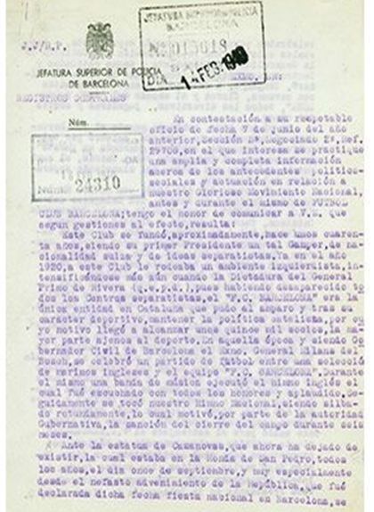 Aquest informe va ser el resultat de vuit mesos d’investigació sobre el passat catalanista del Barça, a partir del qual s’aplicà la depuració del club Aquest informe va ser el resultat de vuit mesos d’investigació sobre el passat catalanista del Barça, a partir del qual s’aplicà la depuració del club