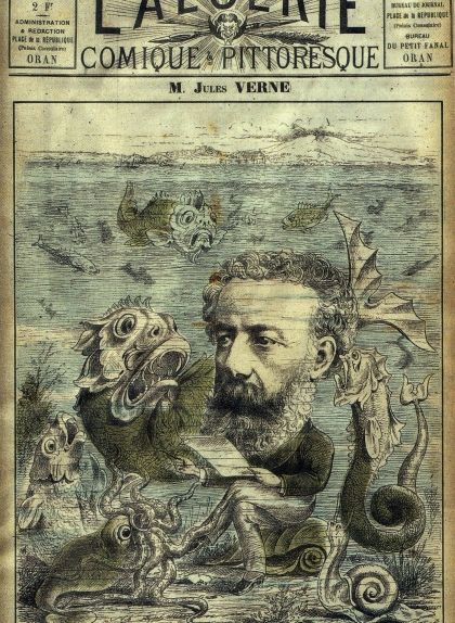 Caricatura de Jules Verne amb una de les seves criatures marines publicada a la revista 'L'Algerie', el 15 de juny de 1884 Caricatura de Jules Verne amb una de les seves criatures marines publicada a la revista 'L'Algerie', el 15 de juny de 1884