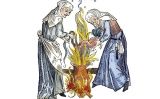 Gravat de dues bruixes preparant un beuratge