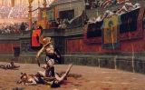 En aquest llenç del segle XIX es pot veure el públic fent el gest del polze cap avall a un gladiador En aquest llenç del segle XIX es pot veure el públic fent el gest del polze cap avall a un gladiador