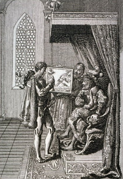 'Colom oferint els seus serveis al Rei de Portugal', de Chodowiecki (s. XVII) 'Colom oferint els seus serveis al Rei de Portugal', de Chodowiecki (s. XVII)