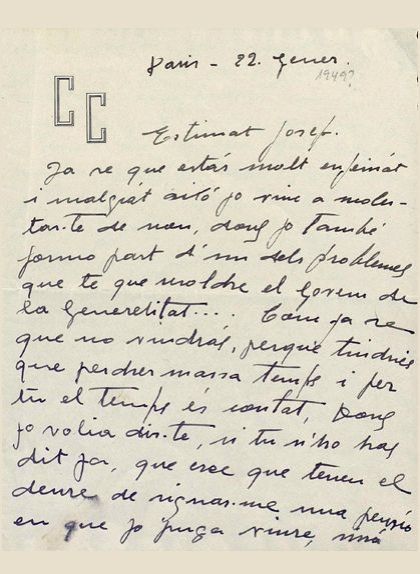 Primera pàgina de la carta de Carme Ballester a Josep Tarradellas del 22 de gener de 1949 (any estimat)