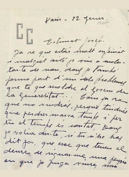 Primera pàgina de la carta de Carme Ballester a Josep Tarradellas del 22 de gener de 1949 (any estimat) Primera pàgina de la carta de Carme Ballester a Josep Tarradellas del 22 de gener de 1949 (any estimat)