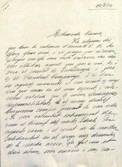 Primera pàgina de la carta de Tarradellas a Ballester del 28 d'agost de 1945 Primera pàgina de la carta de Tarradellas a Ballester del 28 d'agost de 1945