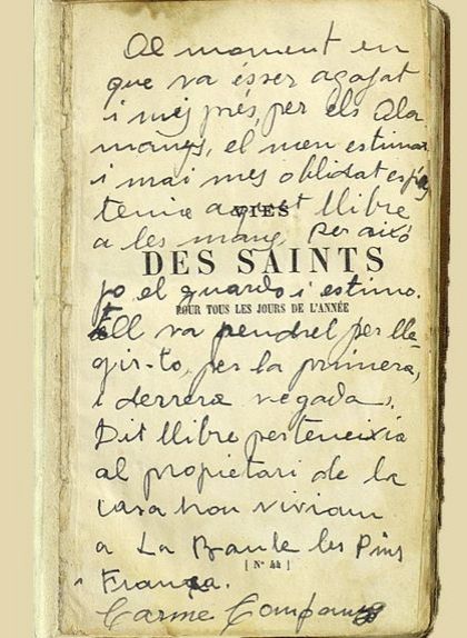 Nota de Carme Ballester al llibre 'Des Saints',  un dels records físics que va poder guardar de Companys