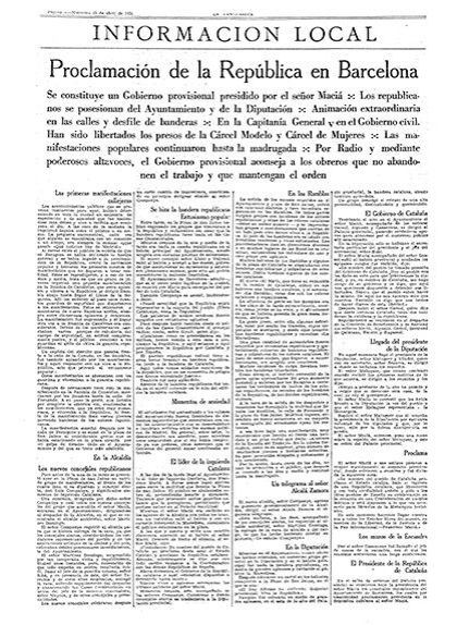 Notícia sobre la proclamació de la República publicada el 15 d'abril de 1931 a 'La Vanguardia'