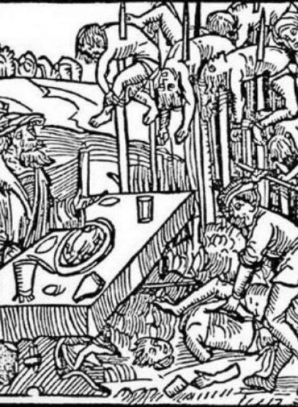Gravat en fusta alemany de l'any 1499 que mostra com Dràcula menja envoltat de cadàvers empalats Gravat en fusta alemany de l'any 1499 que mostra com Dràcula menja envoltat de cadàvers empalats
