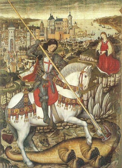 Retaule de Sant Jordi de Pere Niçard (1468) amb la ciutat de Mallorca idelitzada al fons Retaule de Sant Jordi de Pere Niçard (1468) amb la ciutat de Mallorca idelitzada al fons