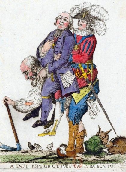 Caricatura que mostra un camperol que duu a coll un clergue i un noble. Representa el pes dels impostos que pagaven els camperols Caricatura que mostra un camperol que duu a coll un clergue i un noble. Representa el pes dels impostos que pagaven els camperols