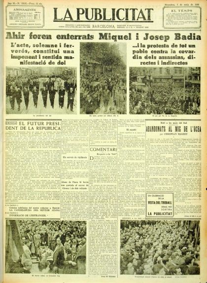 Portada de 'La Publicitat' de l'1 de maig del 1936 en què el titular destacat és l'enterrament dels germans Badia Portada de 'La Publicitat' de l'1 de maig del 1936 en què el titular destacat és l'enterrament dels germans Badia