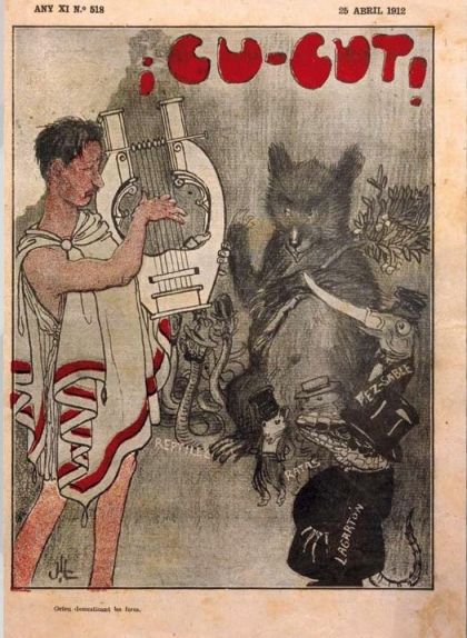 La música amanseix les feres: el mestre Millet és Orfeu tocant la lira als inferns davant de l'ós de l'escut madrileny, rates, rèptils, un peix sabre i un llangardaix amb barret de copa. La música amanseix les feres: el mestre Millet és Orfeu tocant la lira als inferns davant de l'ós de l'escut madrileny, rates, rèptils, un peix sabre i un llangardaix amb barret de copa.