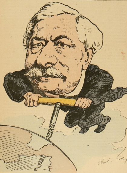 Caricatura de Ferdinand de Lesseps perforant l'istme de Panamà amb un llevataps, en al·lusió als errors constructius que va cometre Caricatura de Ferdinand de Lesseps perforant l'istme de Panamà amb un llevataps, en al·lusió als errors constructius que va cometre