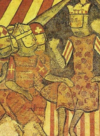 Berenguer de Palou a la dreta de Jaume I en una escena militar a les pintures murals de la conquesta de Mallorca Berenguer de Palou a la dreta de Jaume I en una escena militar a les pintures murals de la conquesta de Mallorca