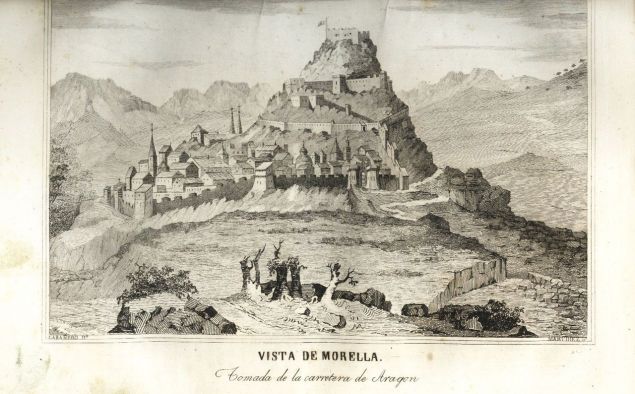 Un document del 1845 amb una vista de la fortalesa de Morella des de la carretera d'Aragó