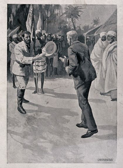 Il·lustració de la trobada entre el periodista i l'explorador amb la polèmica bandera dels Estats Units onejant Il·lustració de la trobada entre el periodista i l'explorador amb la polèmica bandera dels Estats Units onejant