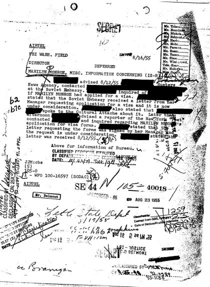 Informe de l'FBI sobre Marilyn Monroe sobre la seva intenció de viatjar a la Unió Soviètica Informe de l'FBI sobre Marilyn Monroe sobre la seva intenció de viatjar a la Unió Soviètica
