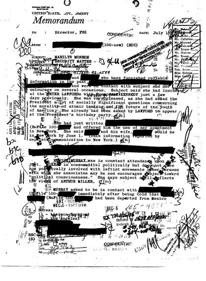 Informe de l'FBI sobre un dinar a casa de Peter Lawford, cunyat del president dels Estats Units, en què van coincidir Marilyn i el mateix John F. Kennedy Informe de l'FBI sobre un dinar a casa de Peter Lawford, cunyat del president dels Estats Units, en què van coincidir Marilyn i el mateix John F. Kennedy