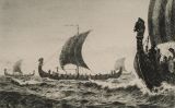 Gravat amb drakars vikings navegant pel mar