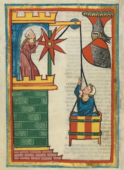 Il·lustració d'amor cortès en què l'enamorat arriba fins a la seva dama en una cistella Il·lustració d'amor cortès en què l'enamorat arriba fins a la seva dama en una cistella