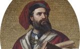 Mosaic que mostra Marco Polo amb el seu llibre a les mans Mosaic que mostra Marco Polo amb el seu llibre a les mans