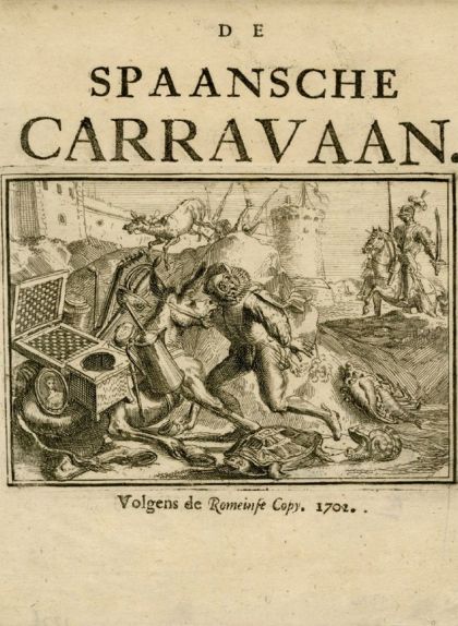 A 'De Spaansche Caravaan' es mostra Felip V com un cavaller poruc i espantadís que fuig literalment "cagat de por" A 'De Spaansche Caravaan' es mostra Felip V com un cavaller poruc i espantadís que fuig literalment "cagat de por"