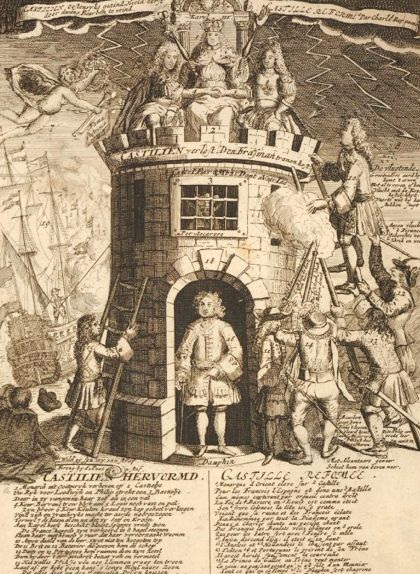 'Castilien Hervormd', un gravat holandès anònim que mostra Carles III entronitzat sobre un castell al qual Felip intenta enfilar-se de forma infructuosa 'Castilien Hervormd', un gravat holandès anònim que mostra Carles III entronitzat sobre un castell al qual Felip intenta enfilar-se de forma infructuosa