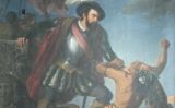 Quadre que representa Hernán Cortés lluitant amb dos indis Quadre que representa Hernán Cortés lluitant amb dos indis
