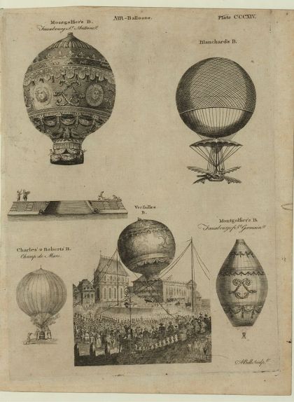 Il·lustració dels primers enlairaments de globus aerostàtics a França al segle XVIII Il·lustració dels primers enlairaments de globus aerostàtics a França al segle XVIII