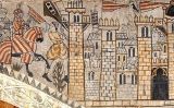 Pintura mural al castell d'Alcanyís que representa l'entrada de Jaume I a València el 1238 Pintura mural al castell d'Alcanyís que representa l'entrada de Jaume I a València el 1238
